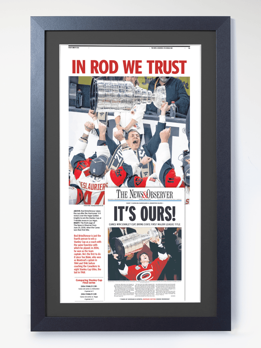 2026 Carolina Hurricanes “In Rod We Trust” Rod Brind’Amour Stanley Cup Legacy Newspaper - TitleGameFrames.com