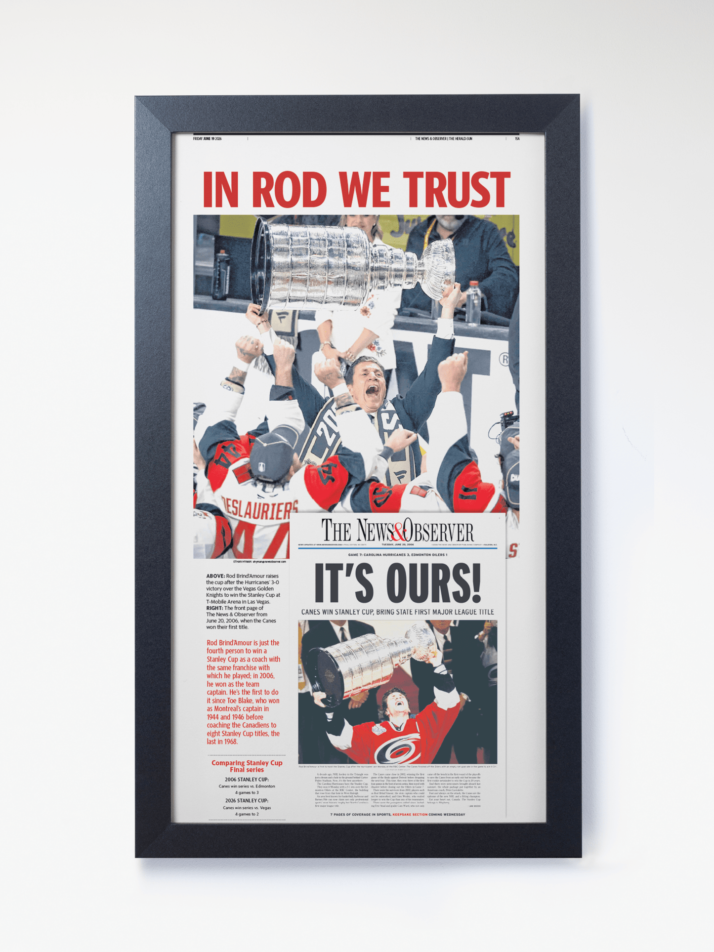 2026 Carolina Hurricanes “In Rod We Trust” Rod Brind’Amour Stanley Cup Legacy Newspaper - TitleGameFrames.com
