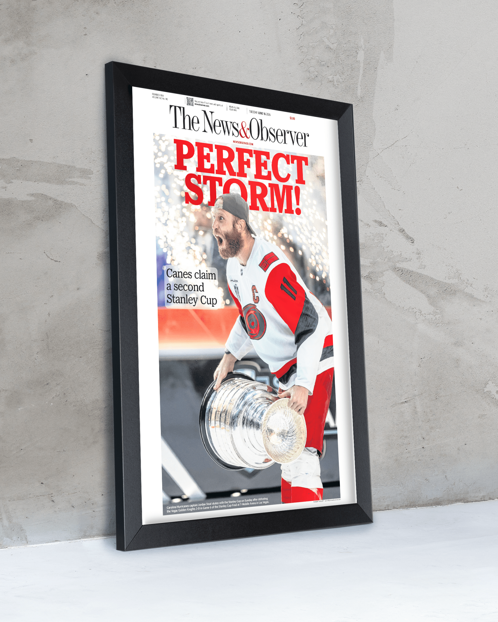 2026 Carolina Hurricanes “Perfect Storm!” Stanley Cup Champions Framed Newspaper - TitleGameFrames.com