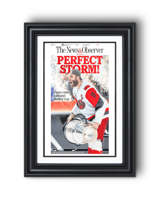 2026 Carolina Hurricanes “Perfect Storm!” Stanley Cup Champions Framed Newspaper - TitleGameFrames.com
