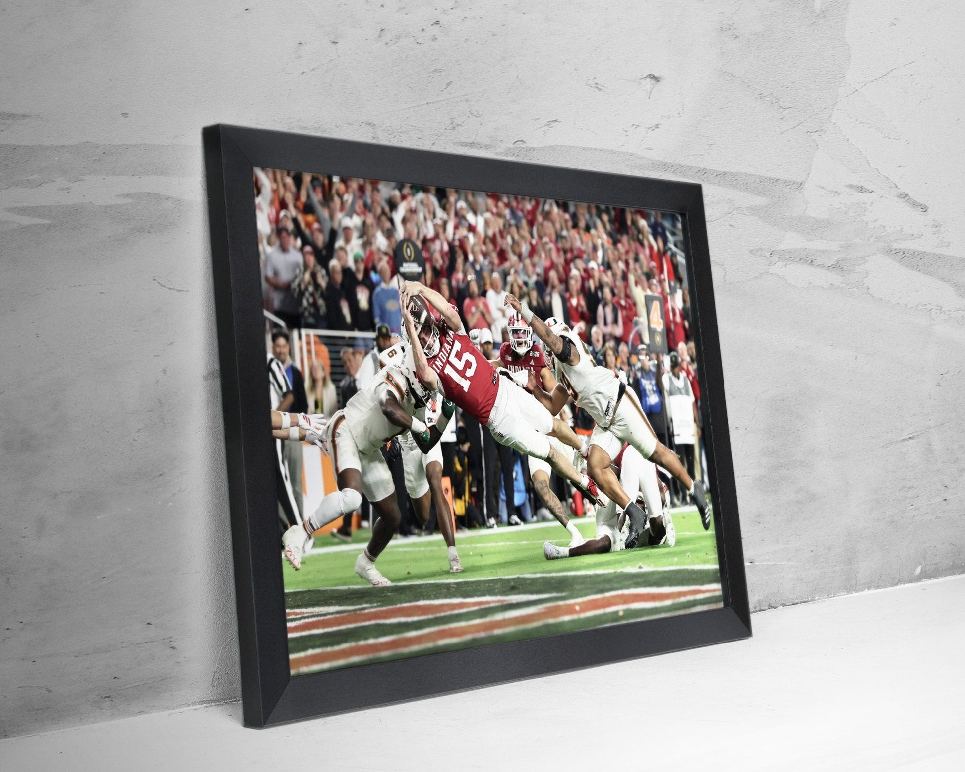 2026 Indiana Hoosier “Mendoza Touchdown” vs Miami CFP Championship Touchdown Framed Poster - TitleGameFrames.com