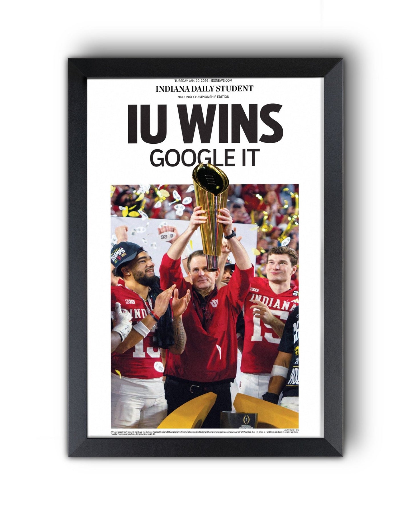 2026 Indiana Hoosiers “GOOGLE IT!” National Champions vs Miami Framed Newspaper - TitleGameFrames.com