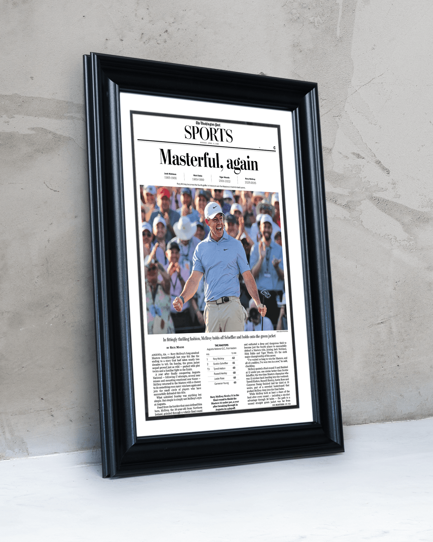 2026 Masters Tournament “Masterful, Again!” Rory McIlroy Back - to - Back Augusta Victory Framed Newspaper - TitleGameFrames.com