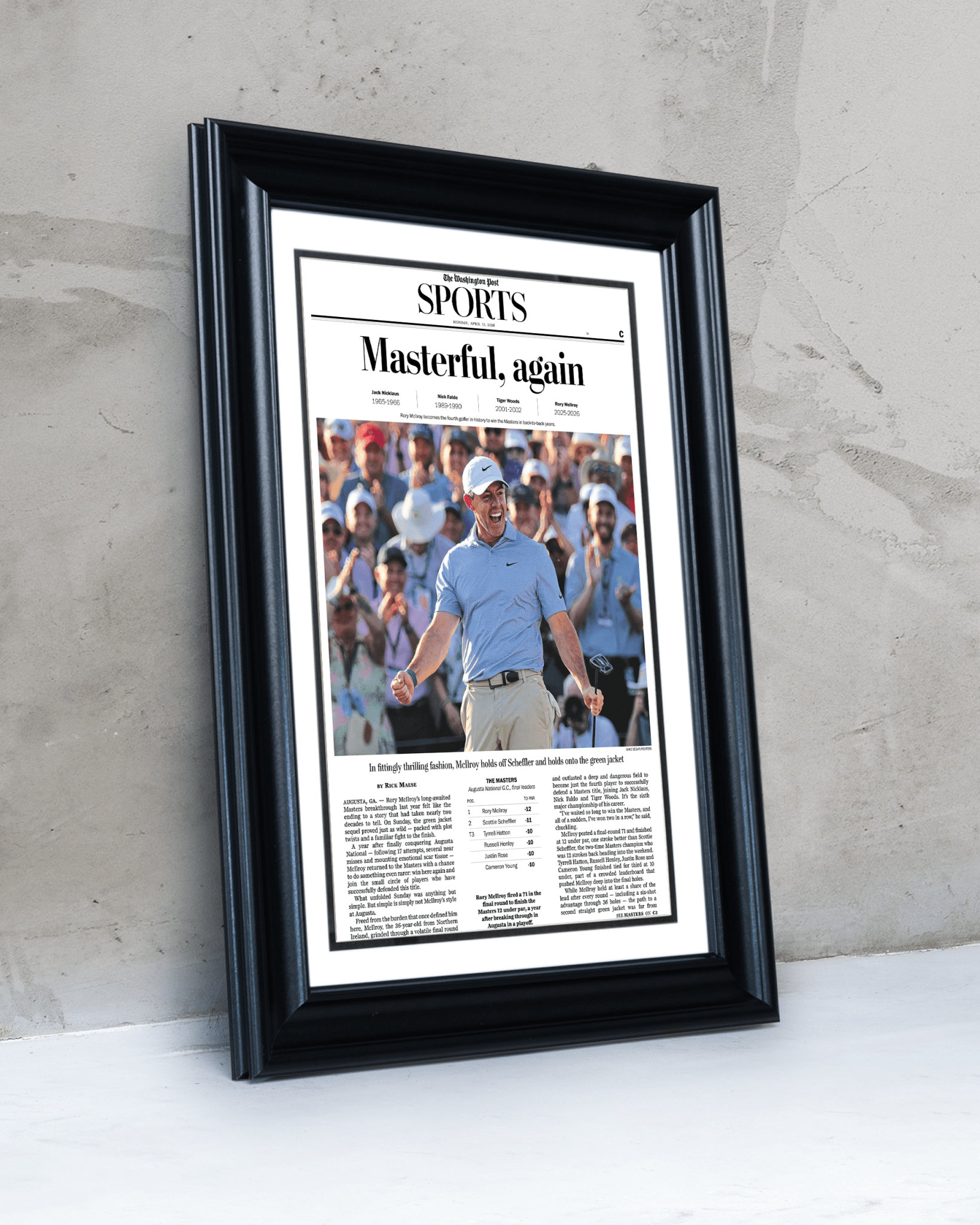 2026 Masters Tournament “Masterful, Again!” Rory McIlroy Back - to - Back Augusta Victory Framed Newspaper - TitleGameFrames.com