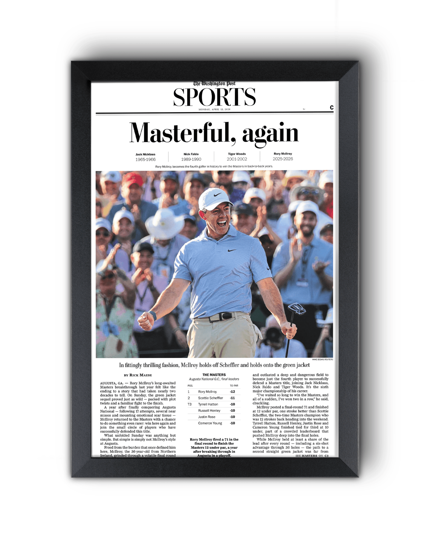2026 Masters Tournament “Masterful, Again!” Rory McIlroy Back - to - Back Augusta Victory Framed Newspaper - TitleGameFrames.com