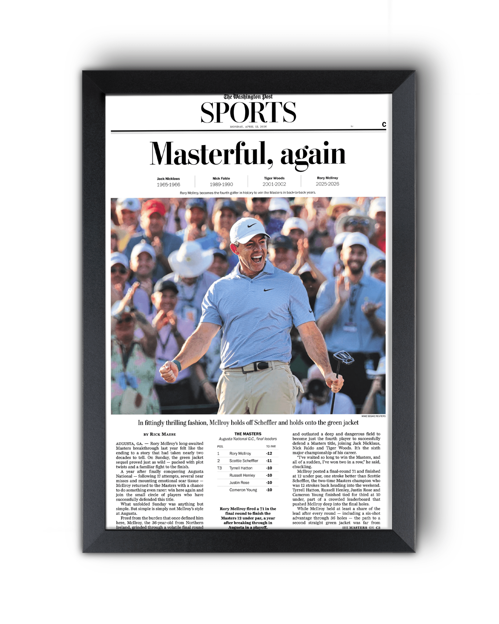 2026 Masters Tournament “Masterful, Again!” Rory McIlroy Back - to - Back Augusta Victory Framed Newspaper - TitleGameFrames.com