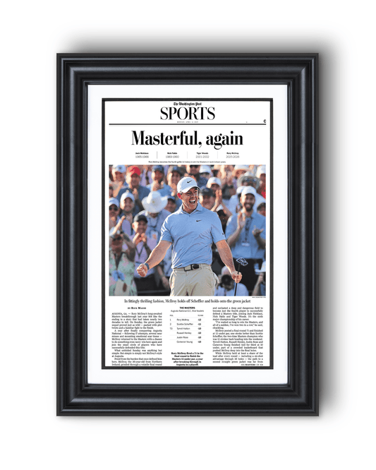 2026 Masters Tournament “Masterful, Again!” Rory McIlroy Back - to - Back Augusta Victory Framed Newspaper - TitleGameFrames.com