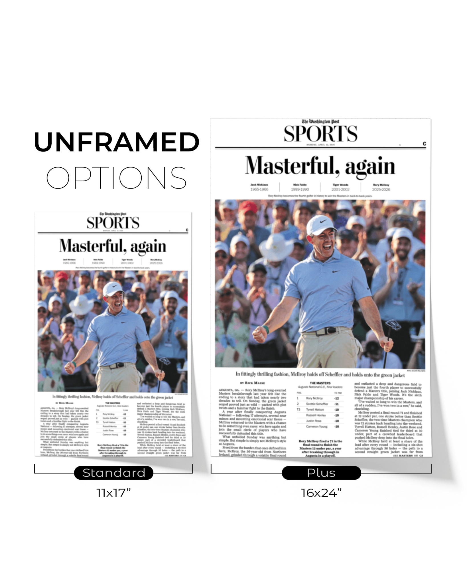 2026 Masters Tournament “Masterful, Again!” Rory McIlroy Back - to - Back Augusta Victory Framed Newspaper - TitleGameFrames.com