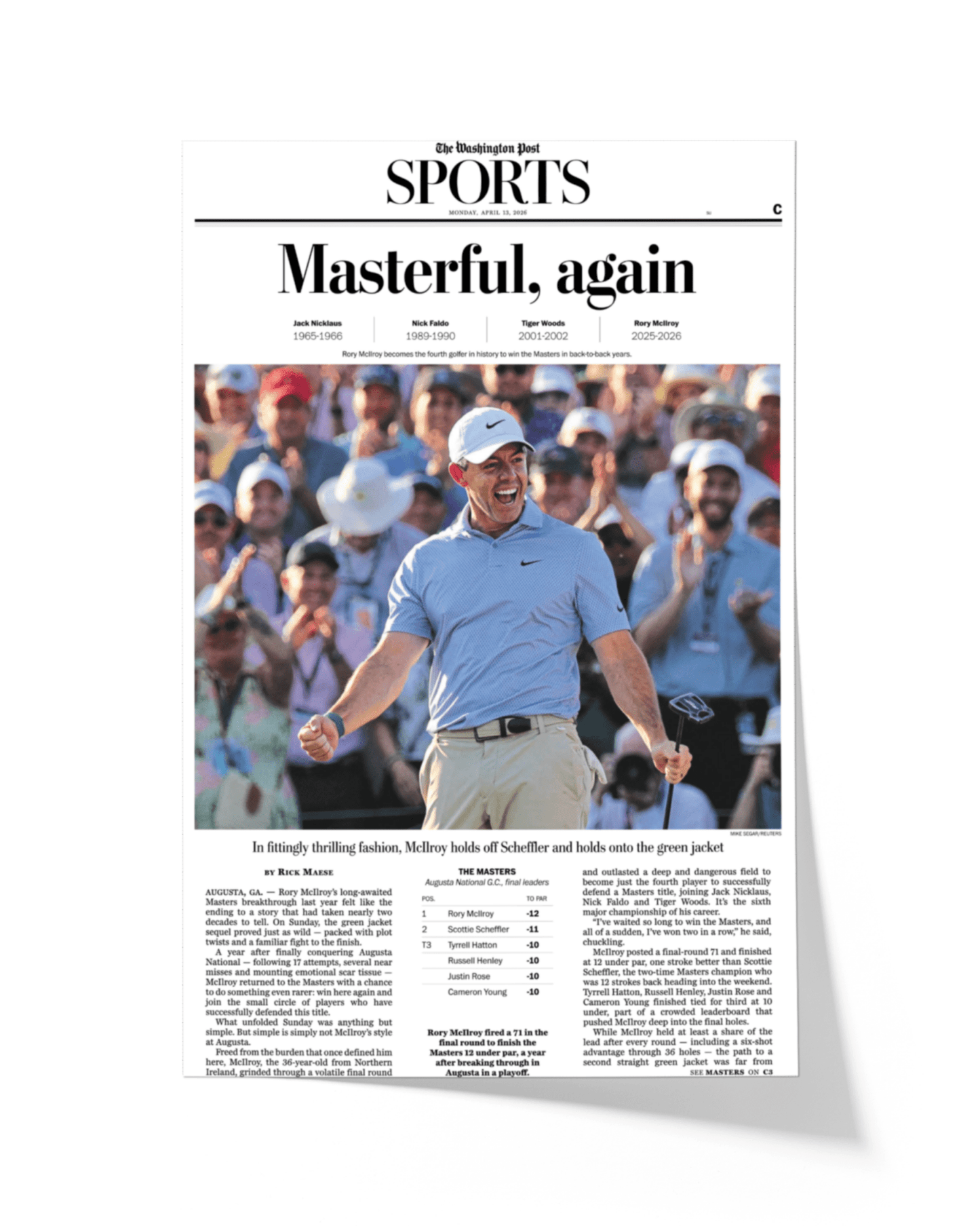 2026 Masters Tournament “Masterful, Again!” Rory McIlroy Back - to - Back Augusta Victory Framed Newspaper - TitleGameFrames.com