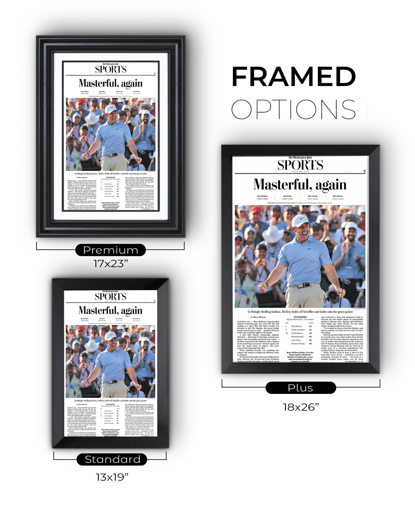 2026 Masters Tournament “Masterful, Again!” Rory McIlroy Back - to - Back Augusta Victory Framed Newspaper - TitleGameFrames.com