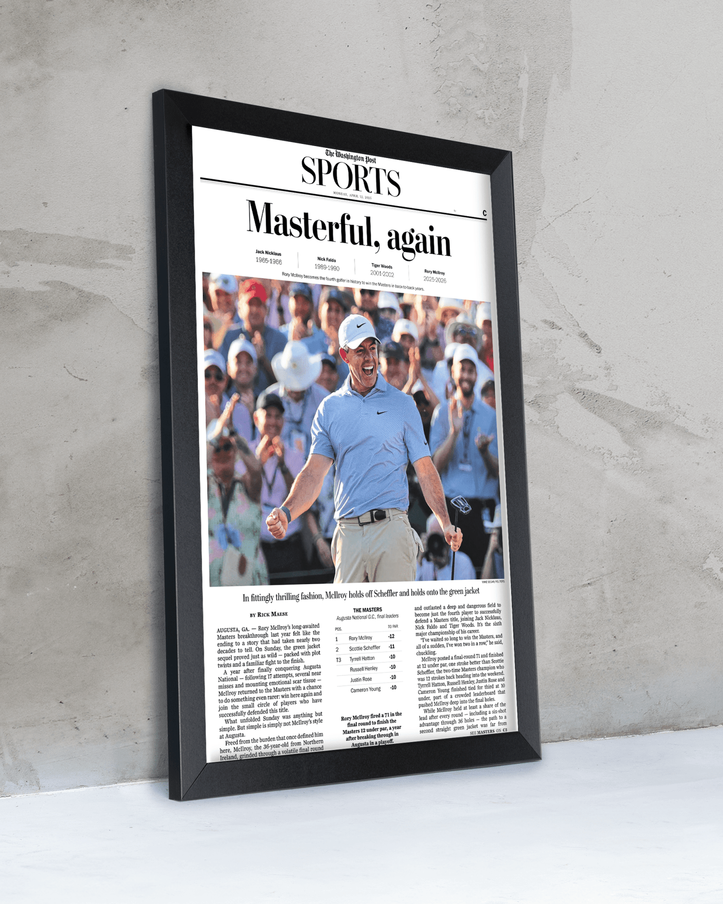 2026 Masters Tournament “Masterful, Again!” Rory McIlroy Back - to - Back Augusta Victory Framed Newspaper - TitleGameFrames.com