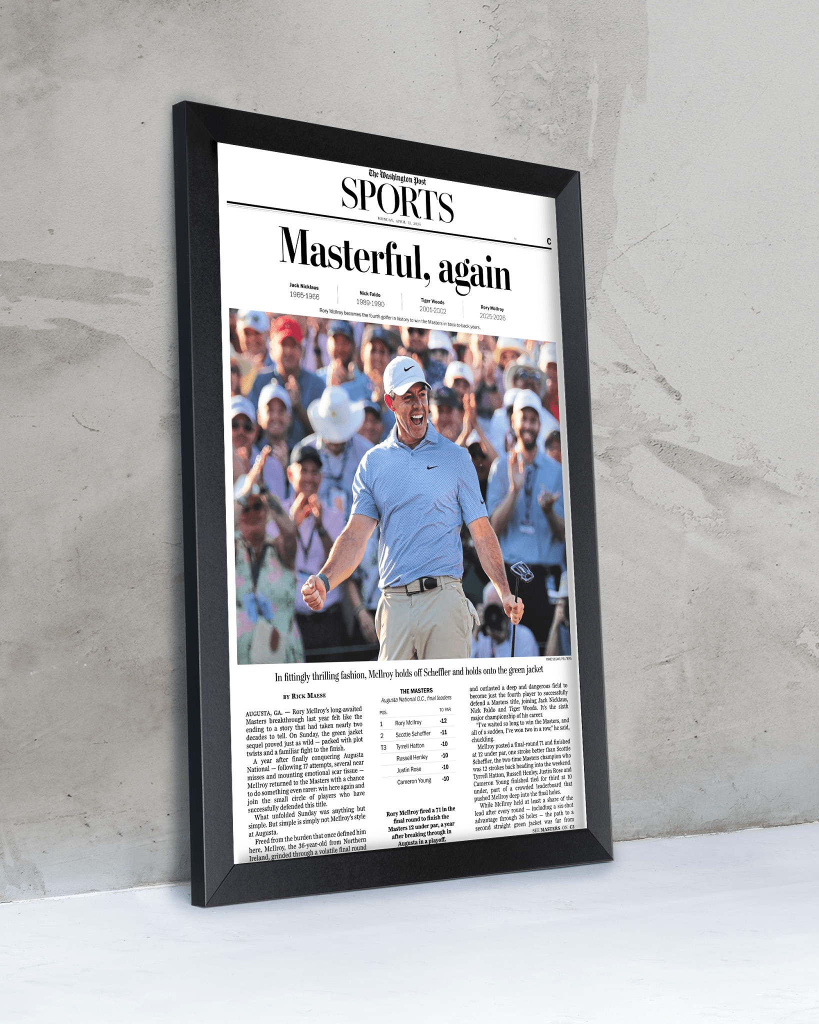 2026 Masters Tournament “Masterful, Again!” Rory McIlroy Back - to - Back Augusta Victory Framed Newspaper - TitleGameFrames.com