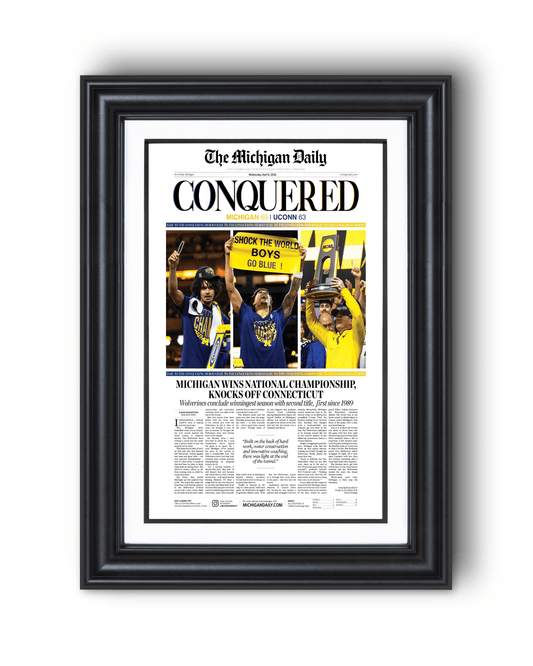 2026 Michigan Wolverines “CONQUERED” NCAA National Champions Framed Newspaper | 69 - 63 vs UConn - TitleGameFrames.com