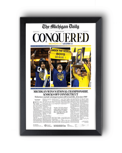 2026 Michigan Wolverines “CONQUERED” NCAA National Champions Framed Newspaper | 69 - 63 vs UConn - TitleGameFrames.com