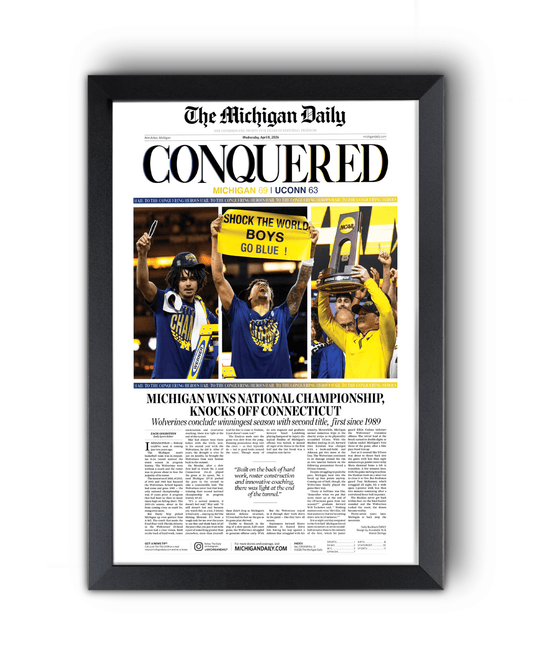 2026 Michigan Wolverines “CONQUERED” NCAA National Champions Framed Newspaper | 69 - 63 vs UConn - TitleGameFrames.com