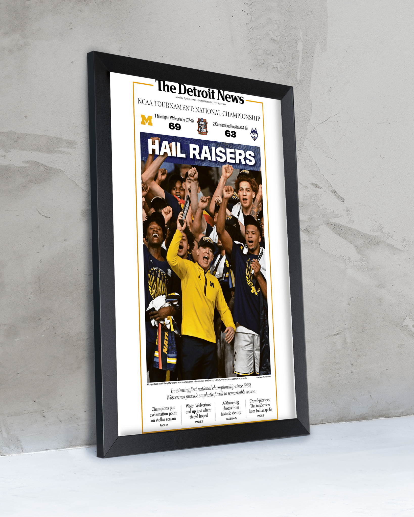 2026 Michigan Wolverines “Hail Raisers” College Basketball Championship Celebration Newspaper - TitleGameFrames.com