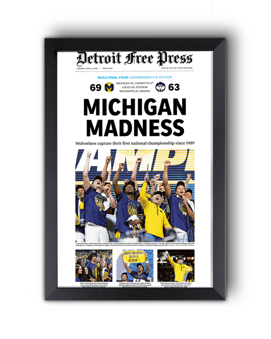 2026 Michigan Wolverines “Michigan Madness” Champions Vs UConn Huskies Framed Newspaper - TitleGameFrames.com