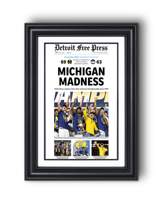 2026 Michigan Wolverines “Michigan Madness” Champions Vs UConn Huskies Framed Newspaper - TitleGameFrames.com