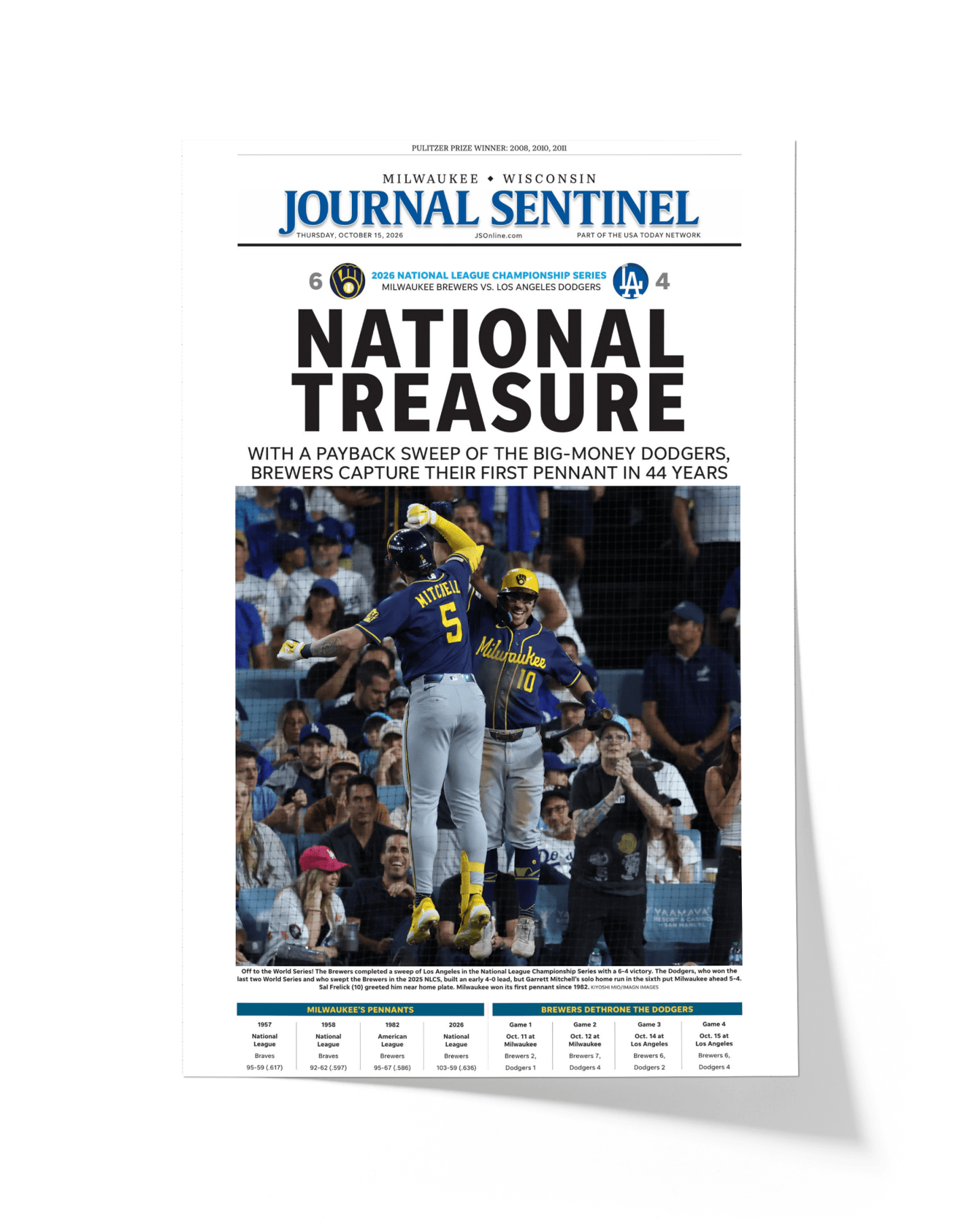 2026 Milwaukee Brewers National League Champions Framed Front Page Newspaper Print “National Treasure” - TitleGameFrames.com