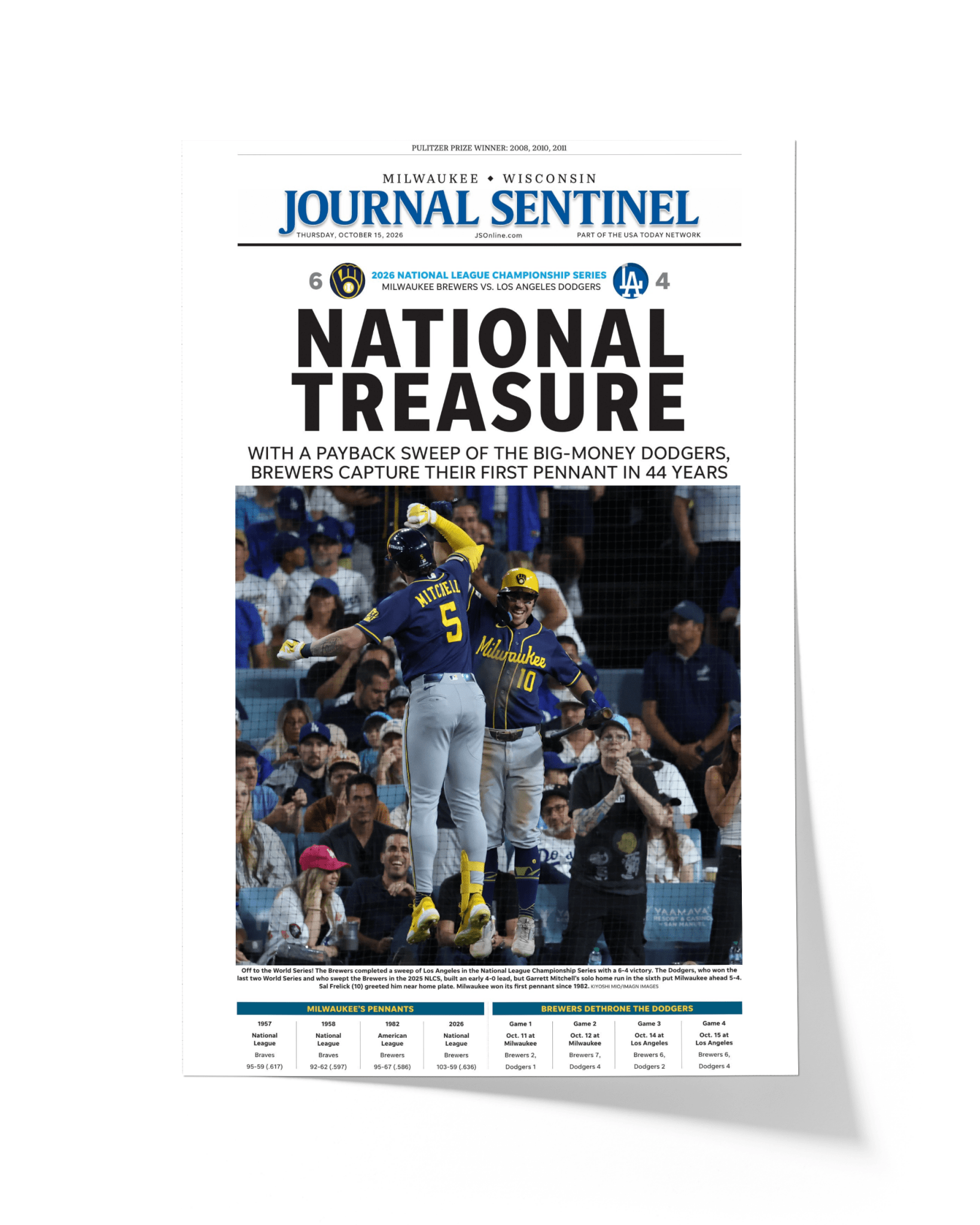 2026 Milwaukee Brewers National League Champions Framed Front Page Newspaper Print “National Treasure” - TitleGameFrames.com