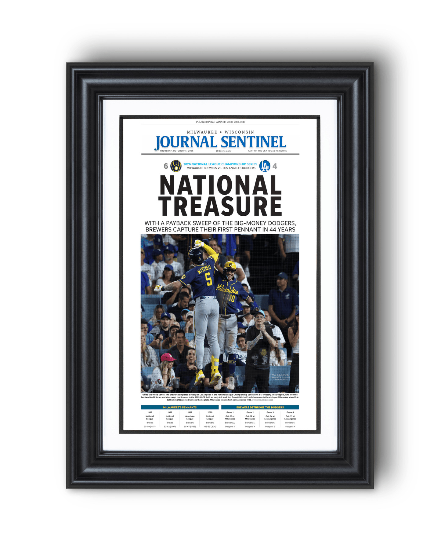 2026 Milwaukee Brewers National League Champions Framed Front Page Newspaper Print “National Treasure” - TitleGameFrames.com