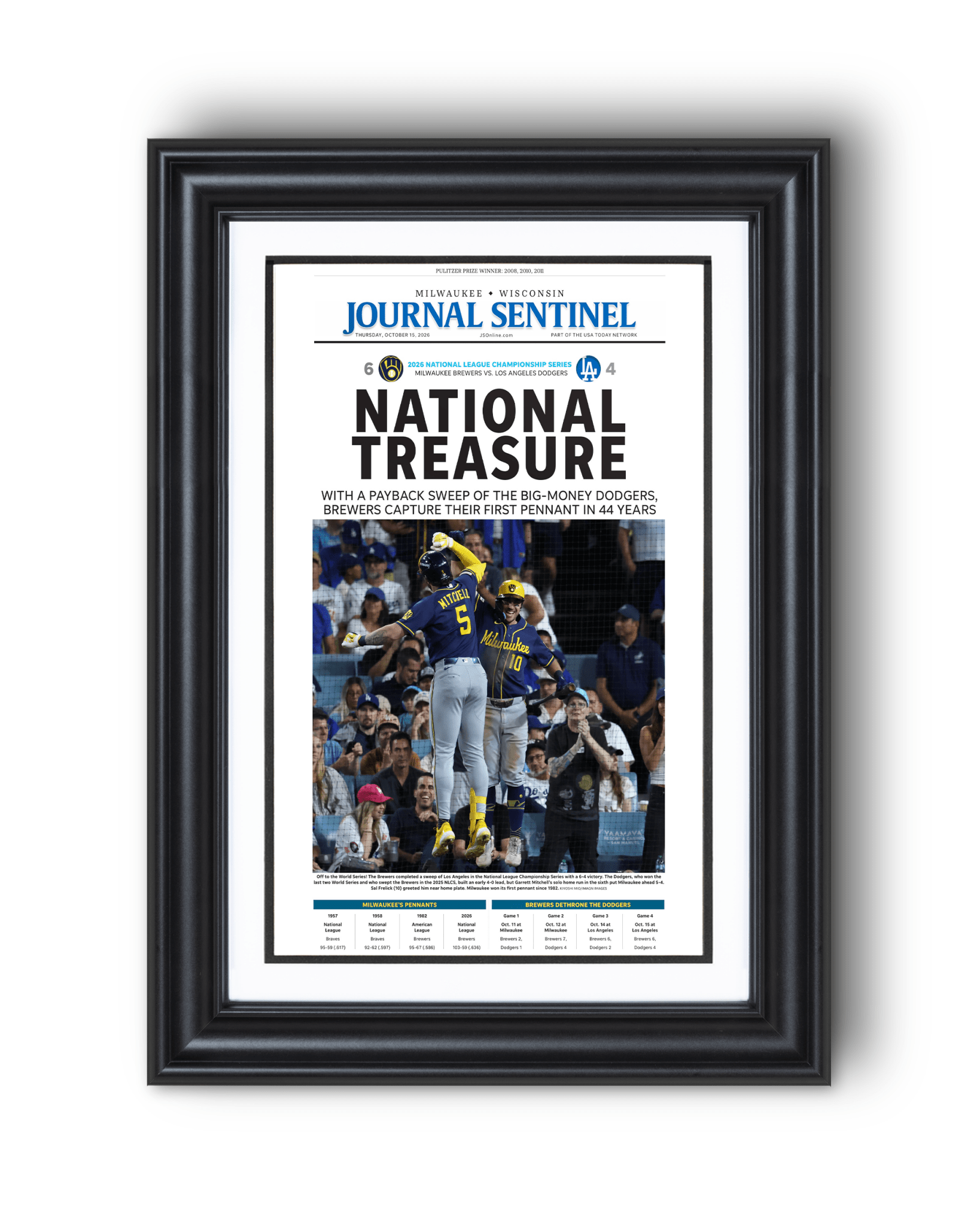 2026 Milwaukee Brewers National League Champions Framed Front Page Newspaper Print “National Treasure” - TitleGameFrames.com