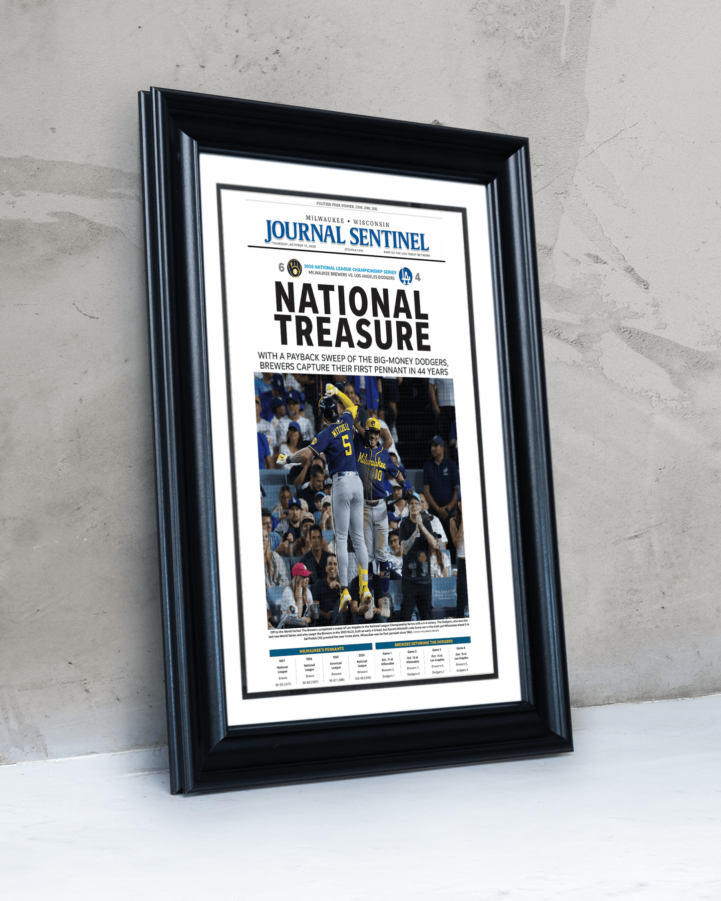 2026 Milwaukee Brewers National League Champions Framed Front Page Newspaper Print “National Treasure” - TitleGameFrames.com
