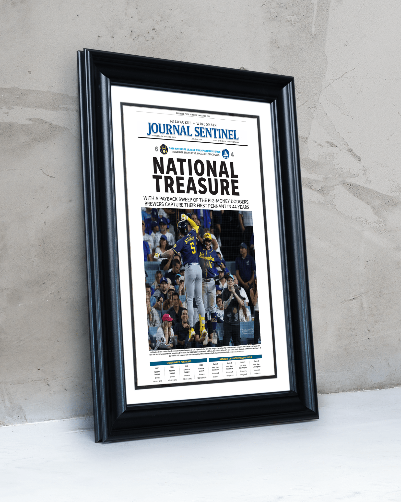 2026 Milwaukee Brewers National League Champions Framed Front Page Newspaper Print “National Treasure” - TitleGameFrames.com