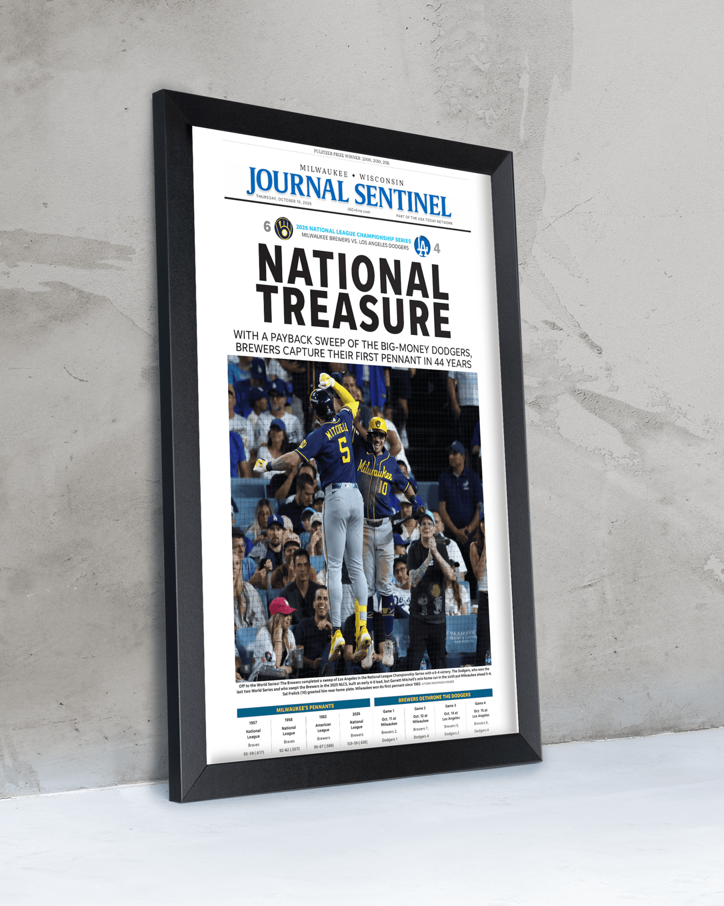 2026 Milwaukee Brewers National League Champions Framed Front Page Newspaper Print “National Treasure” - TitleGameFrames.com