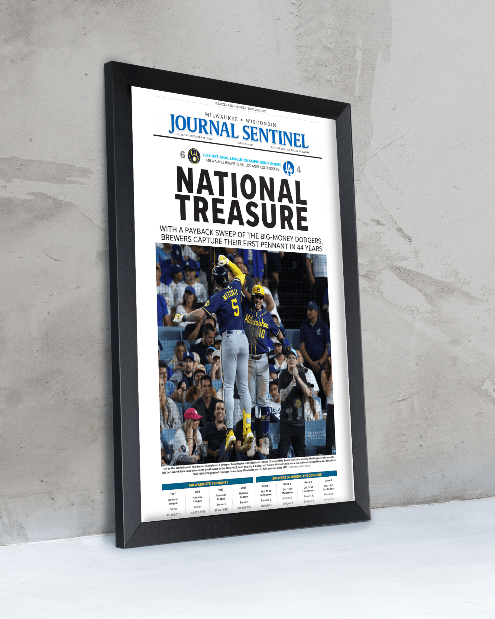 2026 Milwaukee Brewers National League Champions Framed Front Page Newspaper Print “National Treasure” - TitleGameFrames.com