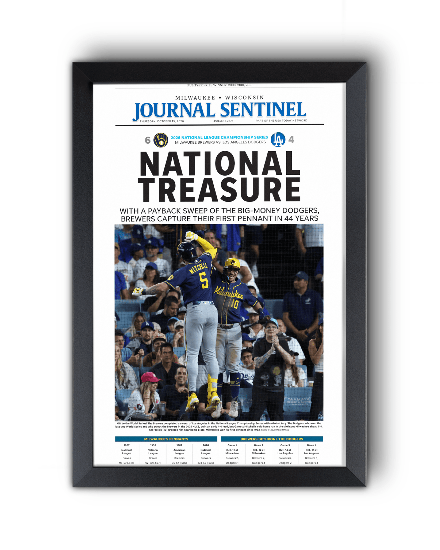 2026 Milwaukee Brewers National League Champions Framed Front Page Newspaper Print “National Treasure” - TitleGameFrames.com
