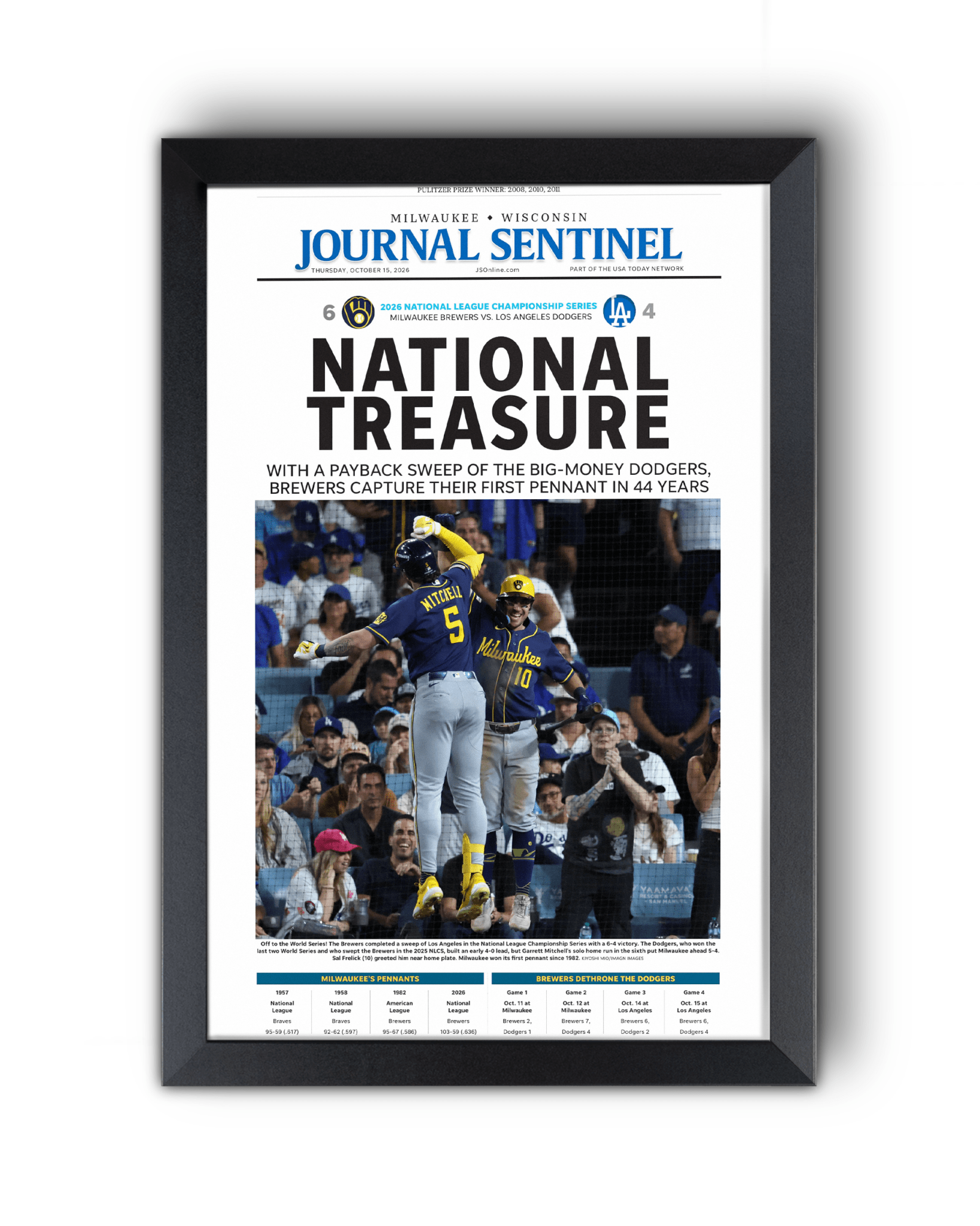 2026 Milwaukee Brewers National League Champions Framed Front Page Newspaper Print “National Treasure” - TitleGameFrames.com