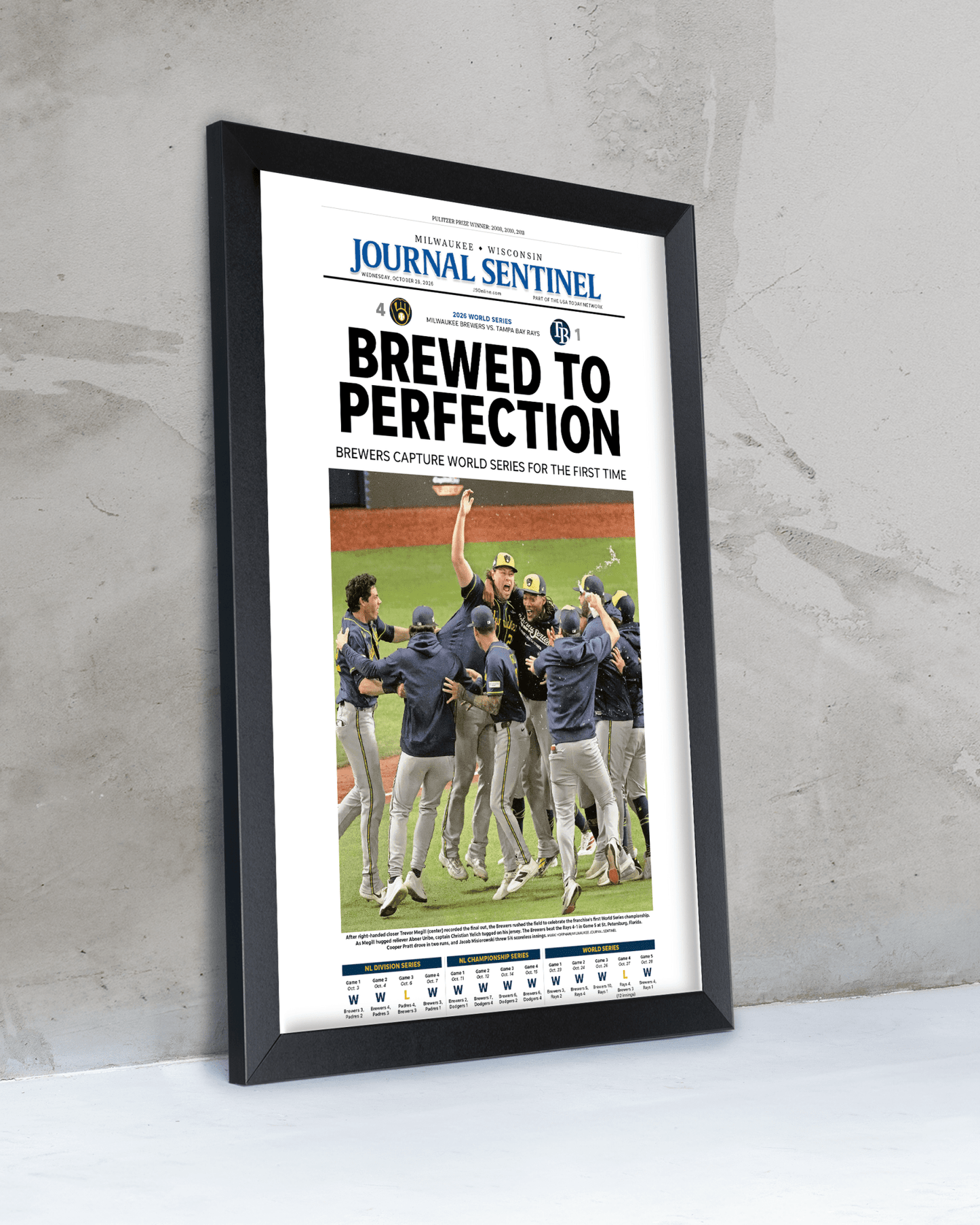 2026 Milwaukee Brewers World Series Champions Framed Front Page Newspaper Print “Brewed to Perfection” - TitleGameFrames.com