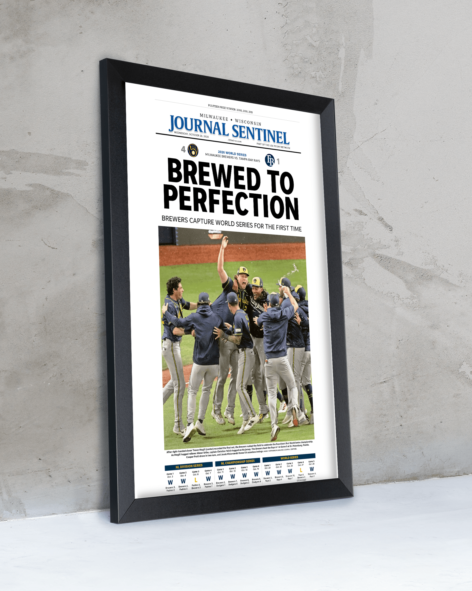2026 Milwaukee Brewers World Series Champions Framed Front Page Newspaper Print “Brewed to Perfection” - TitleGameFrames.com