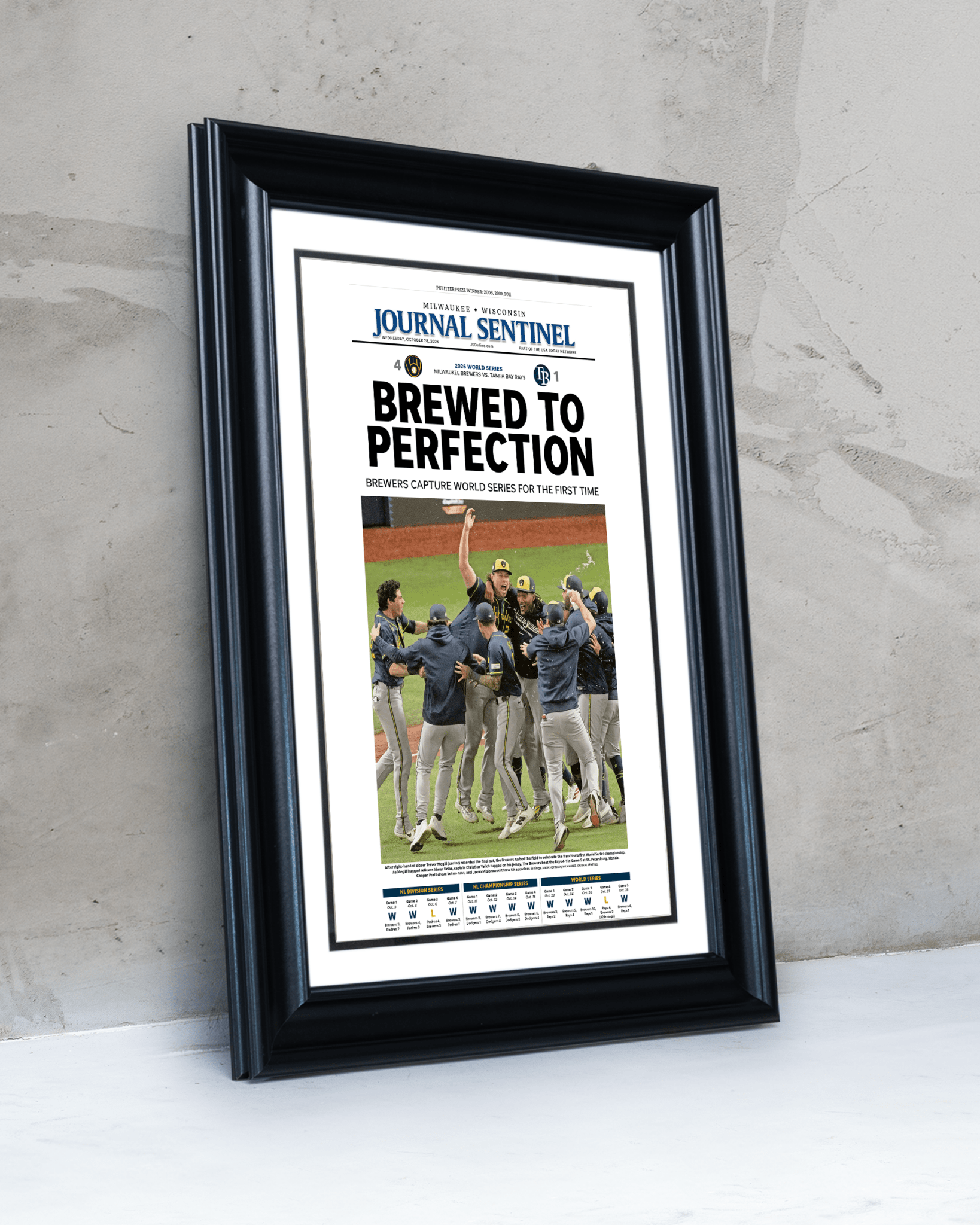 2026 Milwaukee Brewers World Series Champions Framed Front Page Newspaper Print “Brewed to Perfection” - TitleGameFrames.com