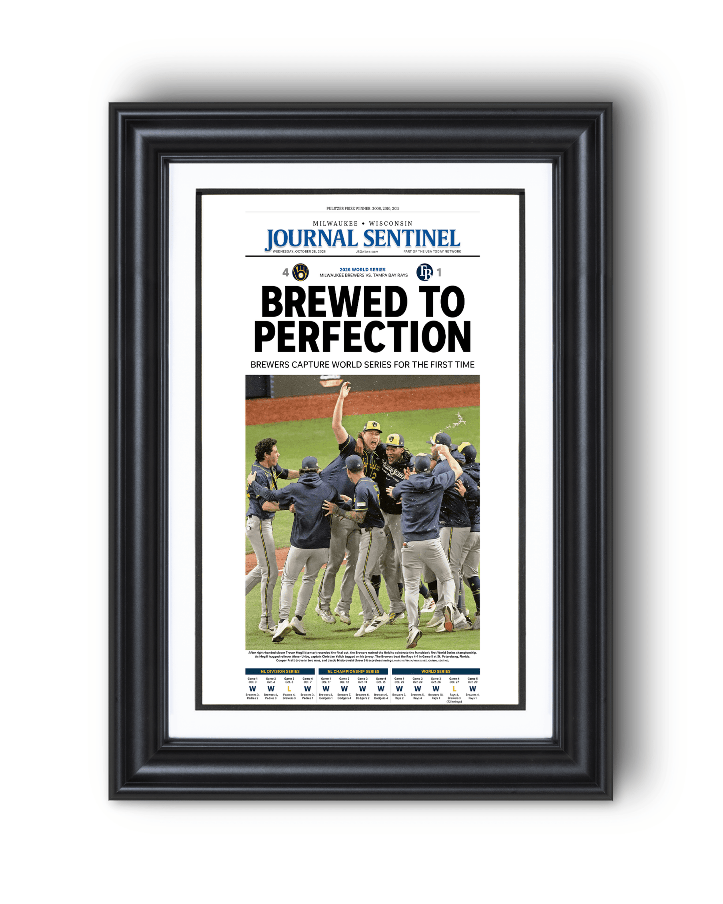 2026 Milwaukee Brewers World Series Champions Framed Front Page Newspaper Print “Brewed to Perfection” - TitleGameFrames.com