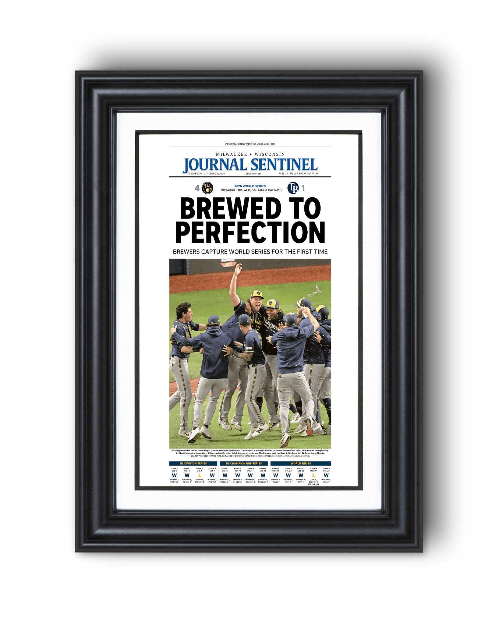 2026 Milwaukee Brewers World Series Champions Framed Front Page Newspaper Print “Brewed to Perfection” - TitleGameFrames.com