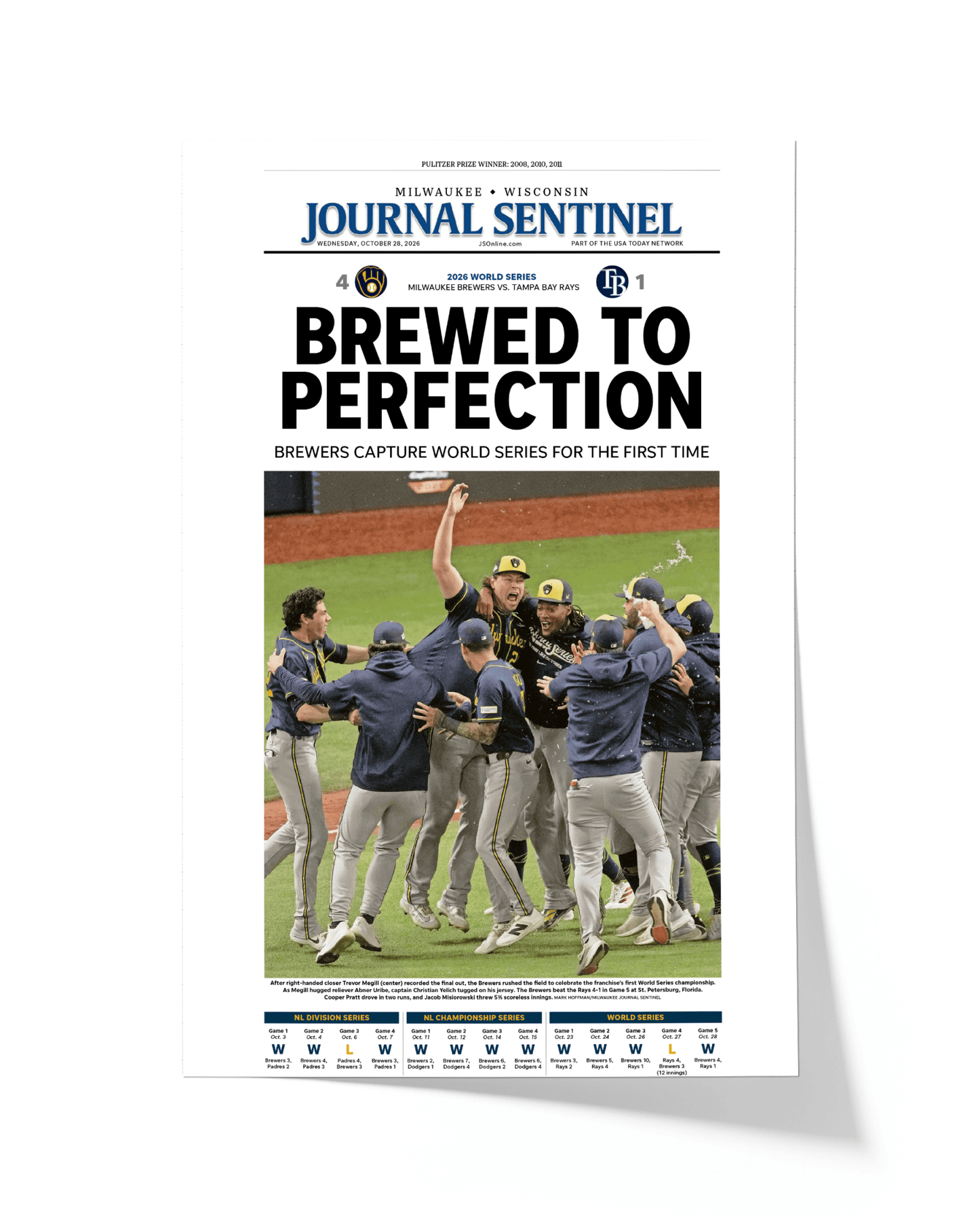 2026 Milwaukee Brewers World Series Champions Framed Front Page Newspaper Print “Brewed to Perfection” - TitleGameFrames.com