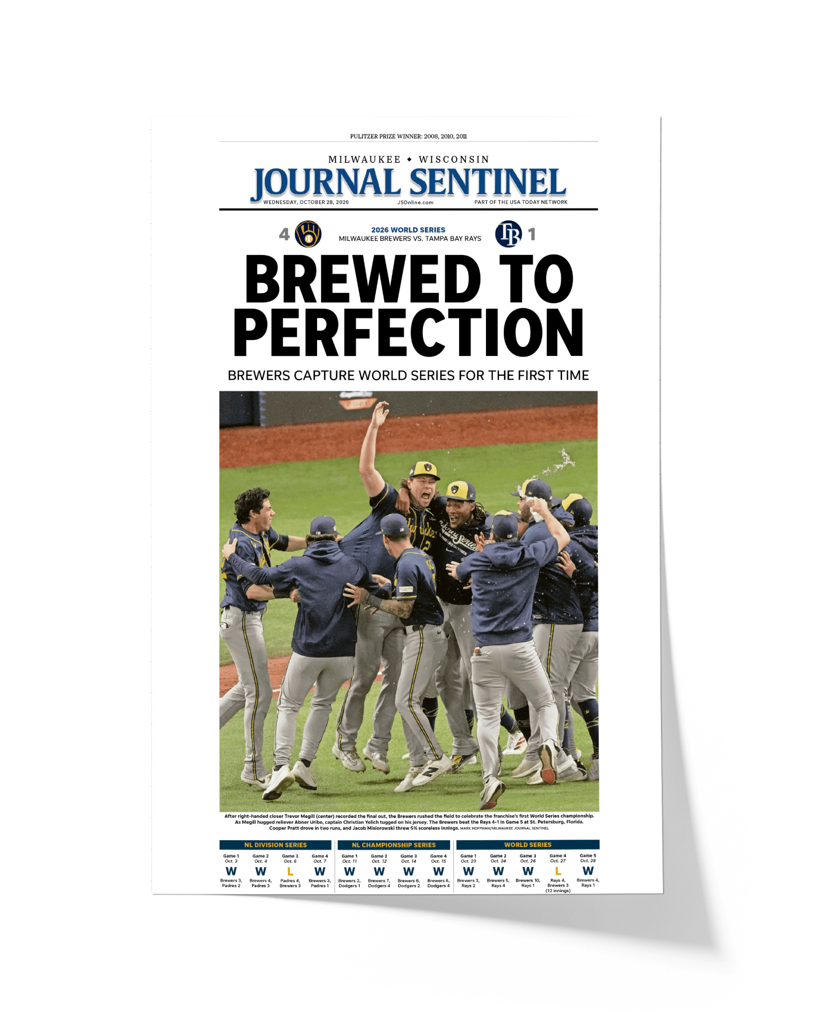 2026 Milwaukee Brewers World Series Champions Framed Front Page Newspaper Print “Brewed to Perfection” - TitleGameFrames.com