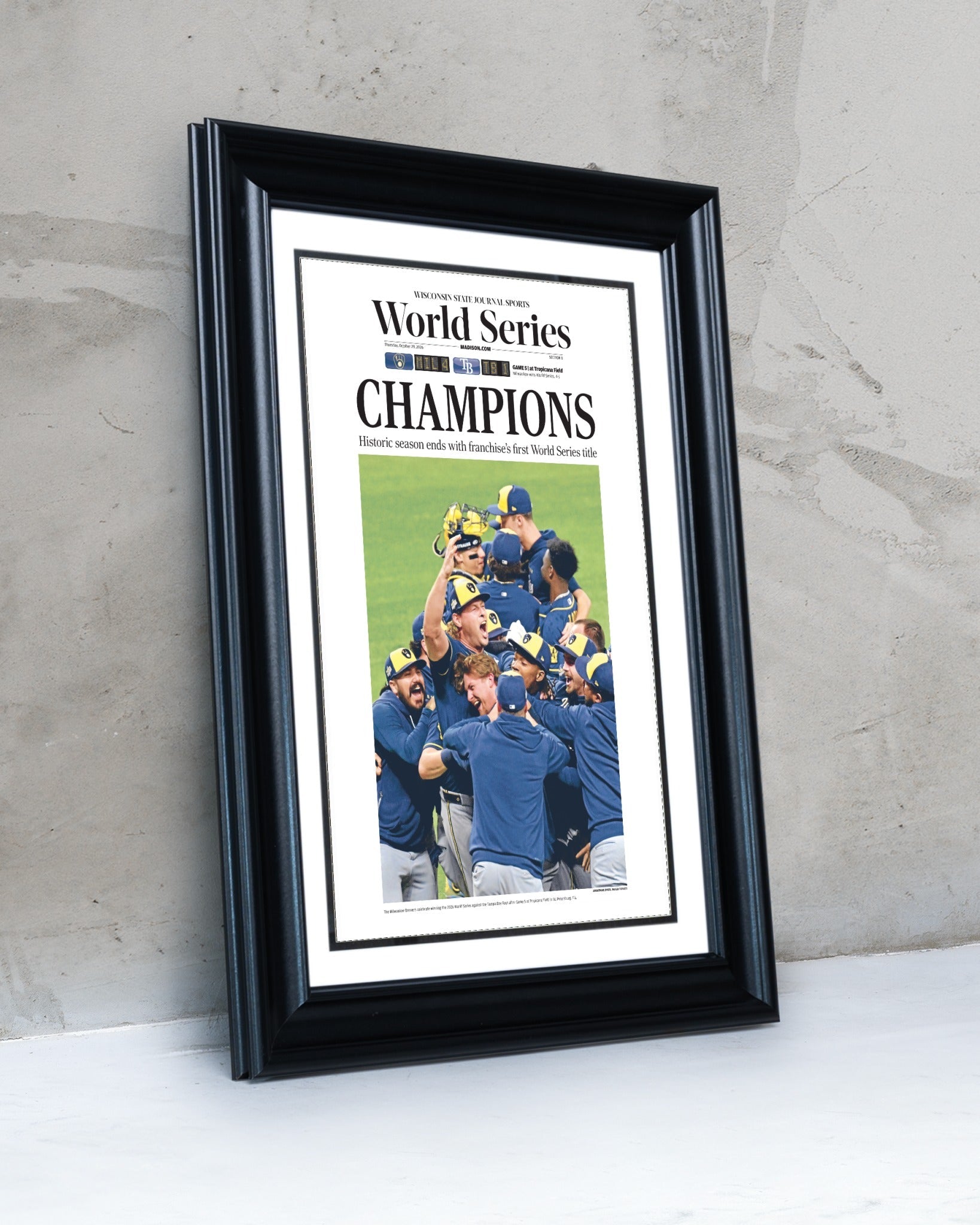 2026 Milwaukee Brewers World Series Champions Framed Front Page Newspaper Print “Champions” - TitleGameFrames.com