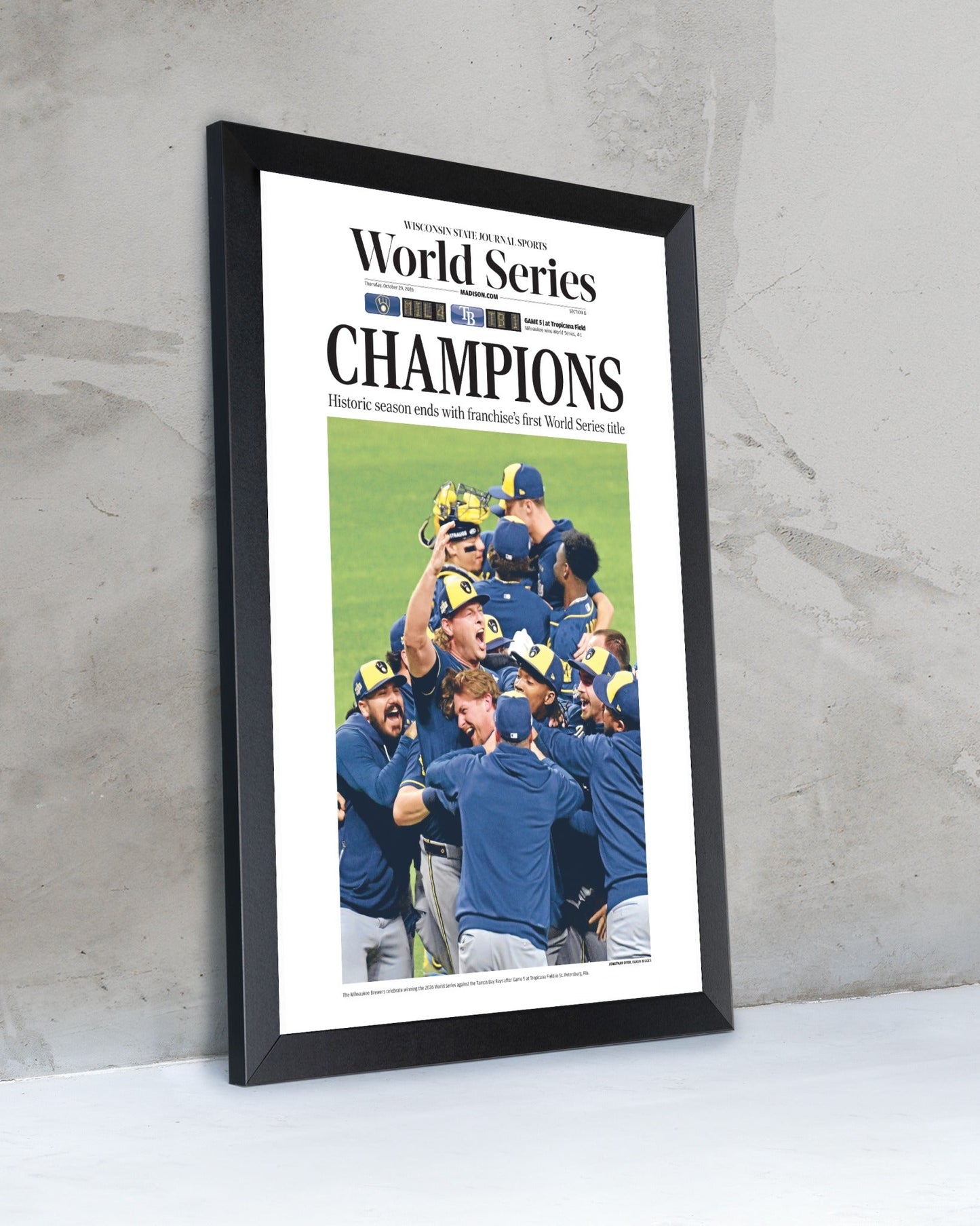 2026 Milwaukee Brewers World Series Champions Framed Front Page Newspaper Print “Champions” - TitleGameFrames.com