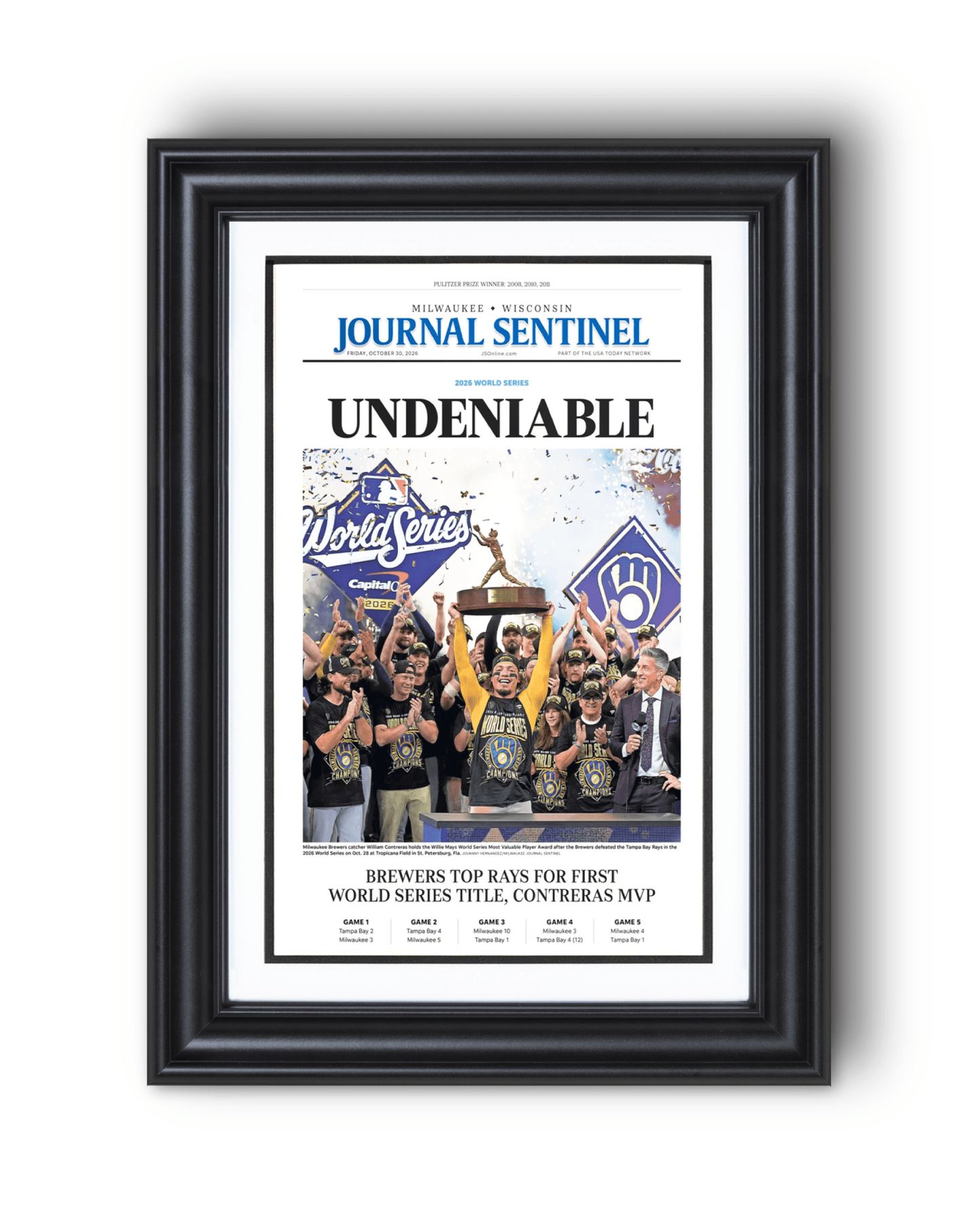 2026 Milwaukee Brewers World Series Champions Framed Front Page Newspaper Print “Undeniable” - TitleGameFrames.com