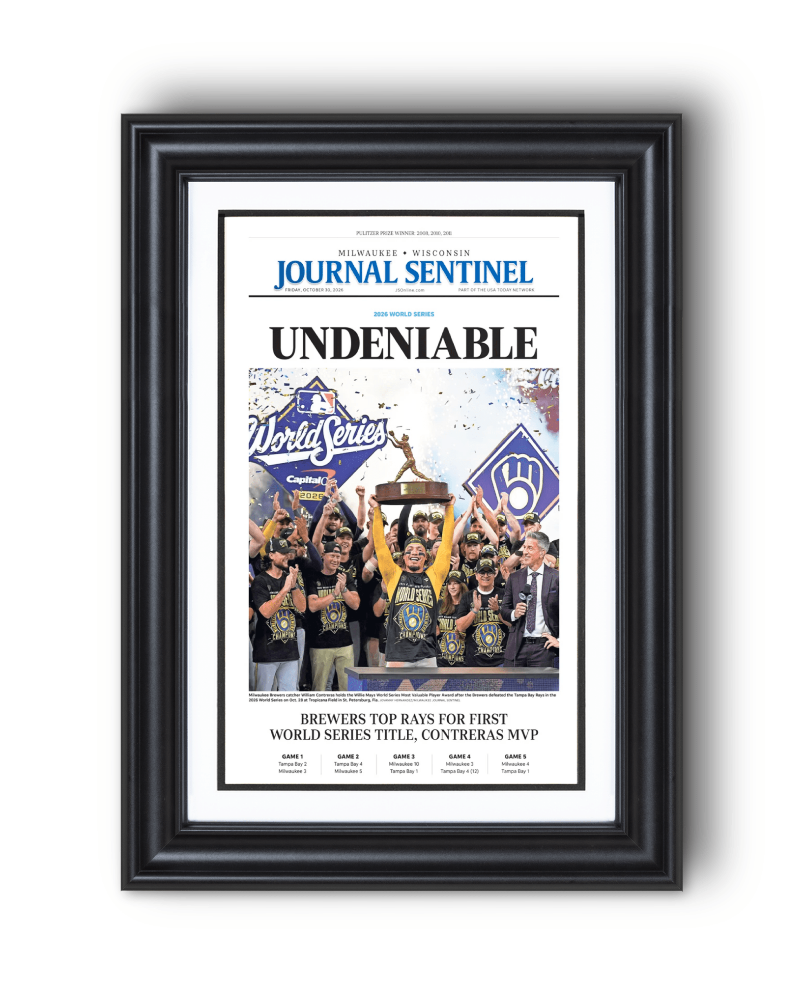 2026 Milwaukee Brewers World Series Champions Framed Front Page Newspaper Print “Undeniable” - TitleGameFrames.com