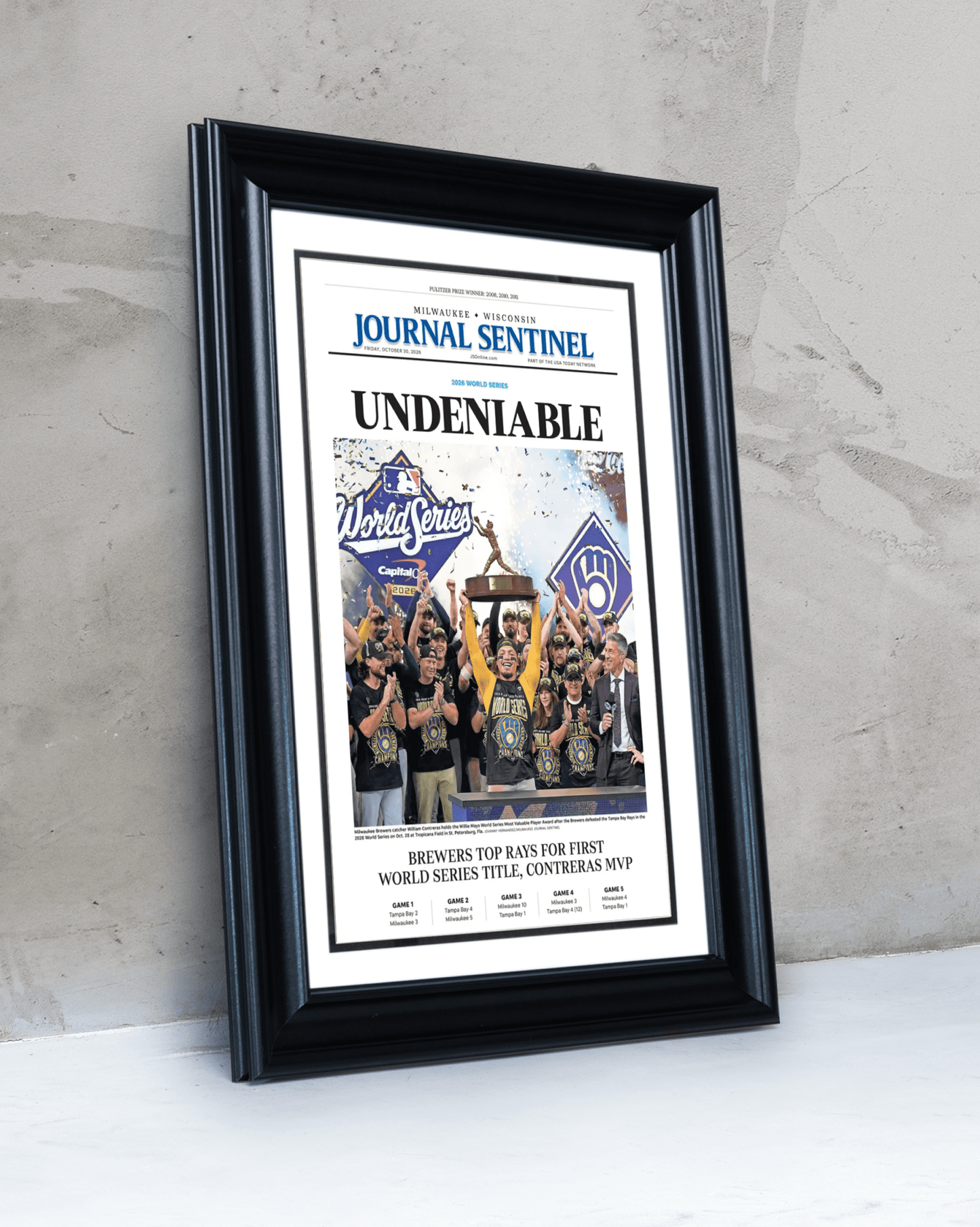 2026 Milwaukee Brewers World Series Champions Framed Front Page Newspaper Print “Undeniable” - TitleGameFrames.com