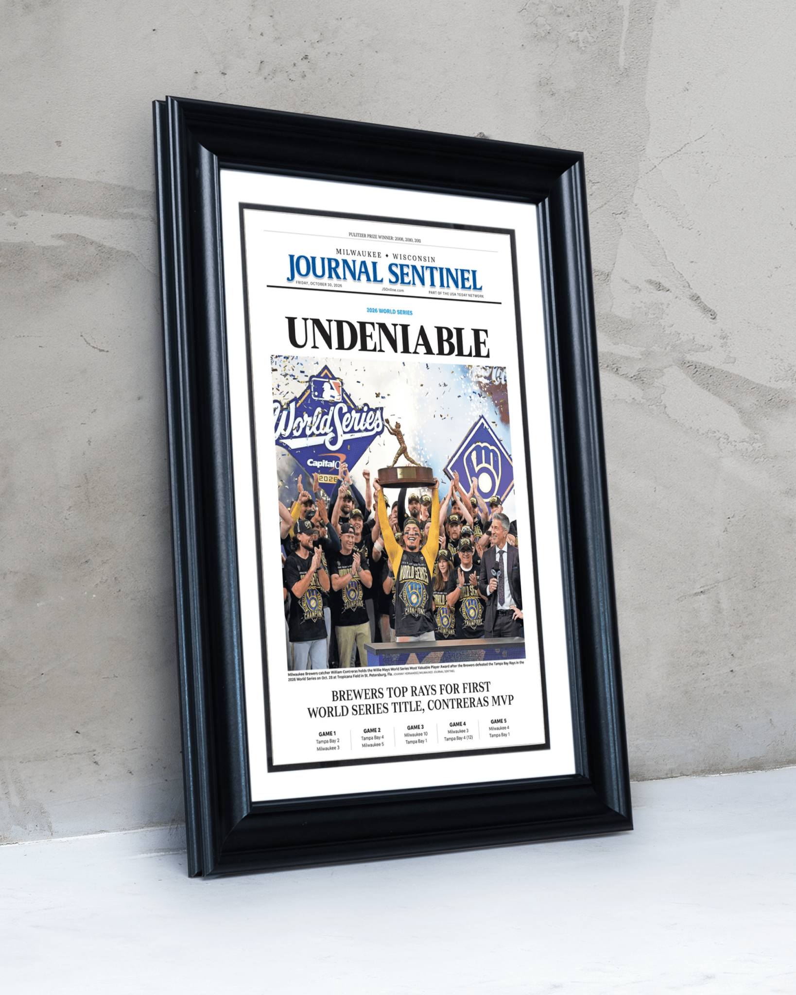 2026 Milwaukee Brewers World Series Champions Framed Front Page Newspaper Print “Undeniable” - TitleGameFrames.com