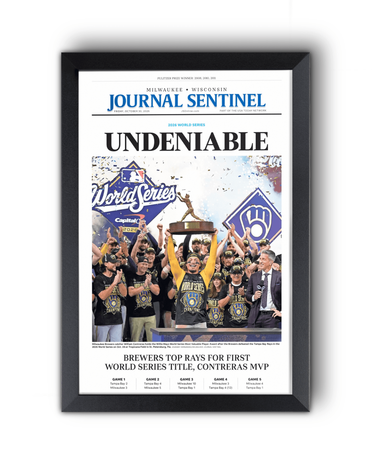 2026 Milwaukee Brewers World Series Champions Framed Front Page Newspaper Print “Undeniable” - TitleGameFrames.com
