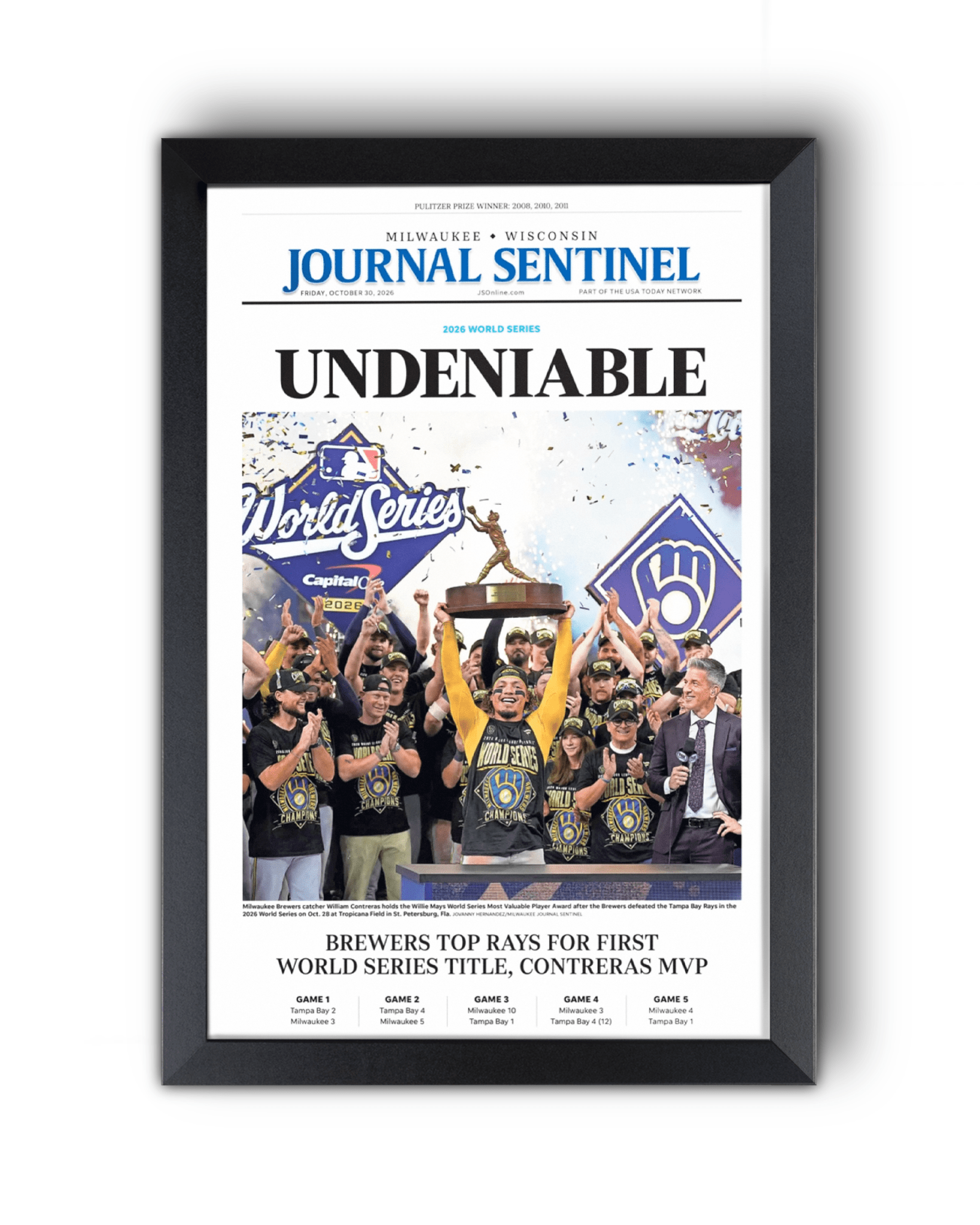 2026 Milwaukee Brewers World Series Champions Framed Front Page Newspaper Print “Undeniable” - TitleGameFrames.com