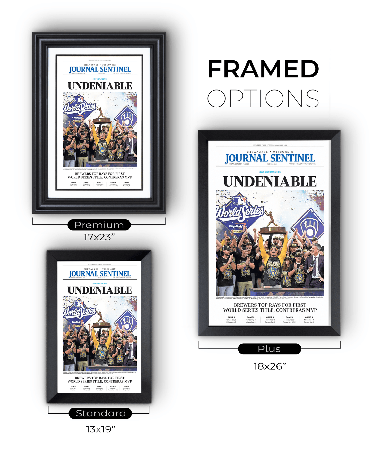 2026 Milwaukee Brewers World Series Champions Framed Front Page Newspaper Print “Undeniable” - TitleGameFrames.com