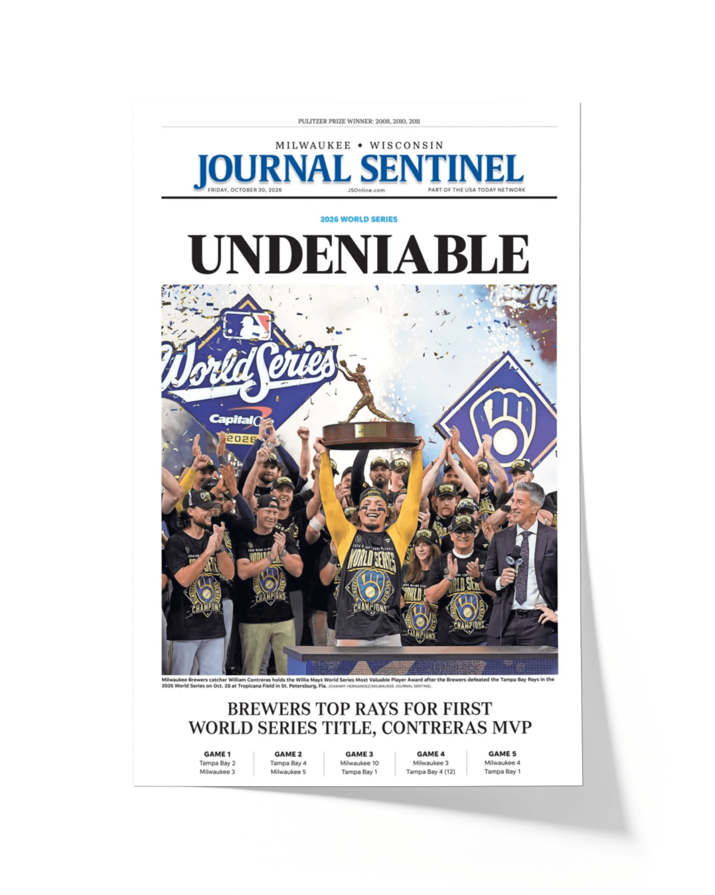 2026 Milwaukee Brewers World Series Champions Framed Front Page Newspaper Print “Undeniable” - TitleGameFrames.com
