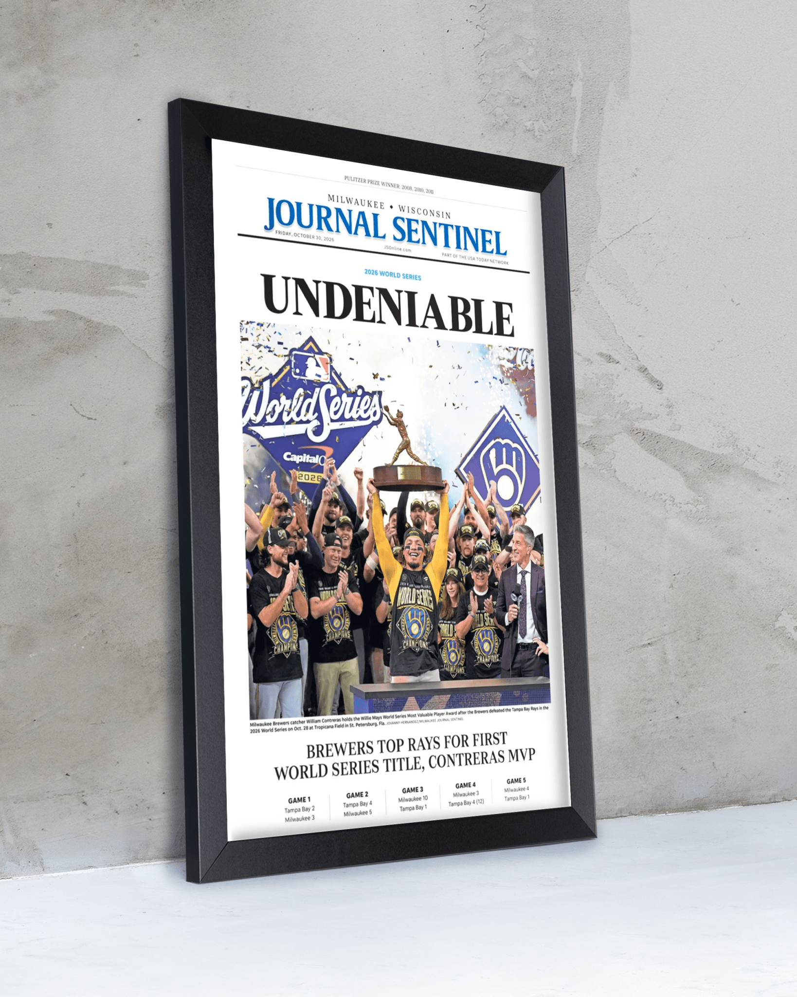 2026 Milwaukee Brewers World Series Champions Framed Front Page Newspaper Print “Undeniable” - TitleGameFrames.com